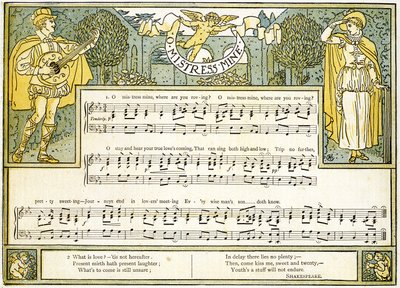 &39;O Mistress Mine, Where Are You Roving&39;, música de &39;Twelfth Night&39;, Ato II, Cena III, ilustração de &39;Pan-Pipes&39;, Um Livro de Canções Antigas, Recém Arranjado e com Acompanhamentos de Theo. Marzials, pu de Walter Crane